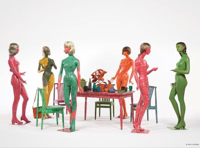Yayoi Kusama, Radical Connectivity Self Obliteration (1966–1974). Painted mannequins, table, chairs, wigs, handbag, mugs, plates, pitcher, ashtray, plastic plants, plastic flowers, and plastic fruit. Dimensions variable. M+, Hong Kong.