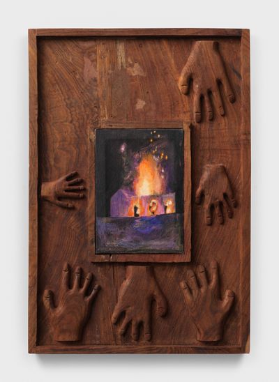 Noorain Inam, Deep house (2024). Acrylic and enamel on Indian rosewood. 56 x 32 cm.