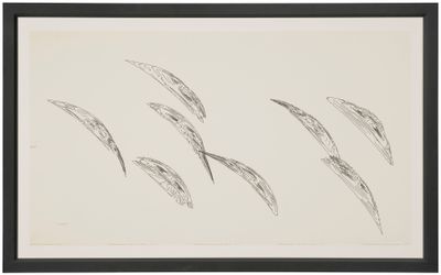 Charles Csuri, Bspline Men (1966). Ink on paper, IMB 7094 and Cal Comp drum plotter, framed. 78.4 x 146.4 cm; 97.5 x 156.5 cm (framed).