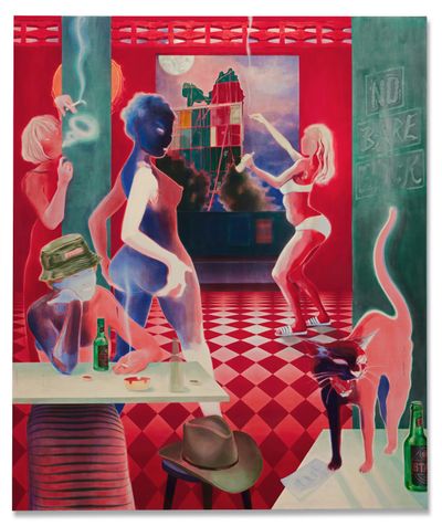 Lisa Brice, After Embah (2018). Synthetic tempera, gesso, and ink on canvas. 244 x 205 cm.