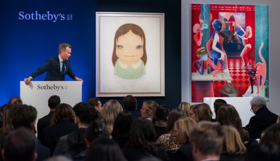 Left to right: Yoshitomo Nara, Cosmic Eyes (in the Milky Lake) (2005); Lisa Brice, After Embah (2018). Sotheby’s Modern and Contemporary Evening Auction, London (4 March 2025).