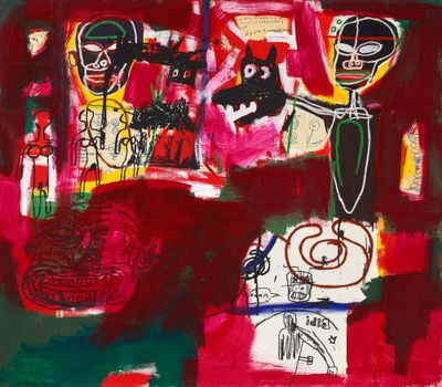 Jean-Michel Basquiat, Sabado por la Noche (1984). Acrylic, silkscreen, oil stick, and paper collage on canvas. 195.6 x 223.5cm.