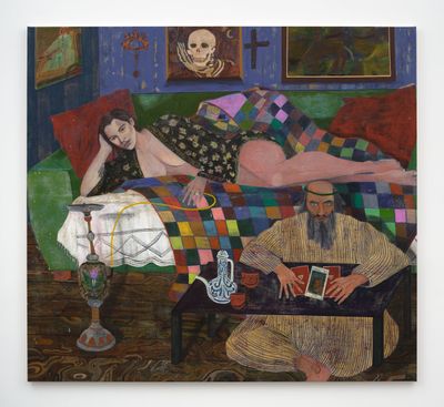 Justin Williams, Major arcana, death watching over Jade (2024). Acrylic, oil, raw pigment, and gold pigment on canvas. 196 x 215 cm.