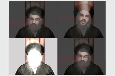 Khaled Sabsabi, You (2007) (still). Four-channel SD video sculpture installation, audio, wood, and paint, plus 60 acrylic, oil stick, and enamel on photographic paper works.