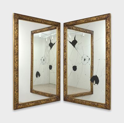 Michelangelo Pistoletto, Two Less One (2009). Wood, acrylic, mirror, and gilded wood frame in two parts. 180 x 120 cm.