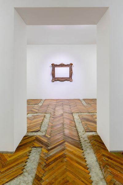 Mykhailo Alekseenko, Peaceful Landscape in a Nonexistent Museum (2025). Oil on canvas, baguette framing, parquet, thermoplastic polymer, wood. Produced with support of PinchukArtCentre.