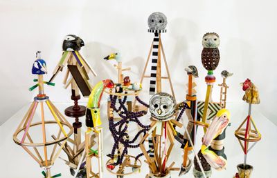 Sunghong Min, Overlapped Sensibility: Birds (2014–15). Ceramic, found objects, and acrylic on wood. Dimensions variable.