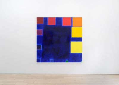 Paul Mogensen, no title (2022). Ultramarine in stand oil with oil colour scape on canvas. 182.88 x 182.88 cm. Exhibition view: Paul Mogensen, Paintings: 1965-2022, Karma, New York (3 March–22 April 2023).