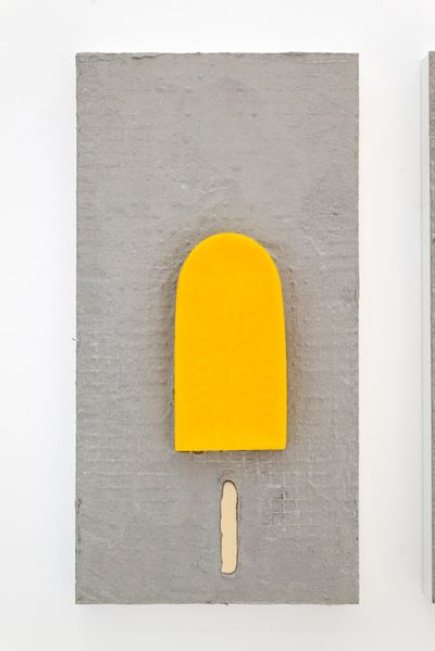 Marwan Rechmaoui, Lemon (2024). Grout, beeswax, oil paint on aluminium. 54.5 x 28 cm.