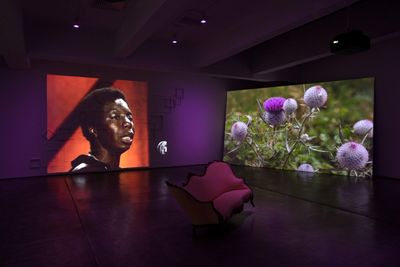 Ja’Tovia Gary, THE GIVERNY SUITE (2019) (detail). Film. 39 min 56 sec, three-channel installation, stereo sound, HD and SD video footage, colour/black & white, 1920 x 1080, 16:9 aspect ratio, dimensions variable, Edition of 5, +2 APs. Exhibition view: flesh that needs to be loved, Paula Cooper Gallery, New York (15 February–21 March 2020). Courtesy Paula Cooper Gallery.