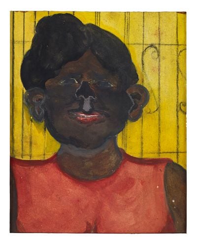 Frank Walter, Girl in Red Dress (n.d.). Oil on card. 12.8 x 9.8 cm.