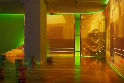 Meriem Bennani, Party on the CAPS (2018). Eight-channel video installation, colour, sound. 30 min. Exhibition view: Julia Stoschek Collection, Berlin.