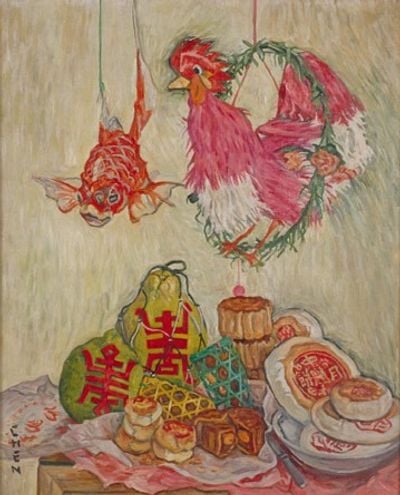 Georgette Chen, Still Life (Moon Festival Table) (1962). Oil on canvas. Collection of National Gallery Singapore.