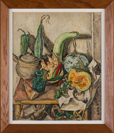 Georgette Chen, Vegetables and Claypot (c. 1940–1945). Oil on canvas, 73 x 60 cm. Collection of National Gallery Singapore.