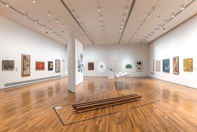 Exhibition view: Suddenly Turning Visible: Art and Architecture in Southeast Asia (1969–1989), National Gallery Singapore (19 November 2019–29 November 2020). Foreground: Kim Lim, Interstices lll (1977). Collection of National Gallery Singapore.