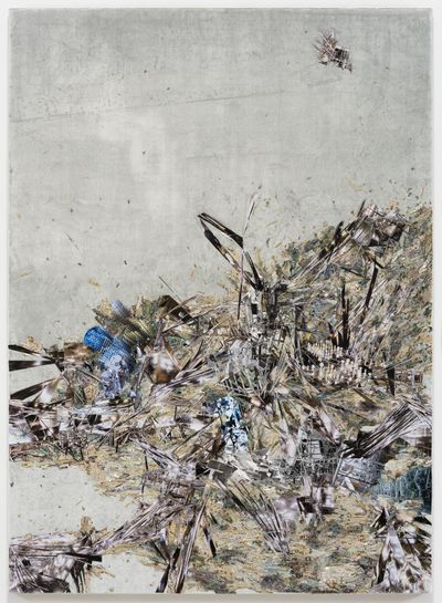 Lee Bul, Untitled (Willing To Be Vulnerable - Velvet #9 JTVP 3582/23 CE) (2019). Mother of pearl, acrylic paint, collage on silk velvet. 180 x 130 cm; 194 x 144 x 12 cm with frame. The Rachel and Jean-Pierre Lehmann Collection.
