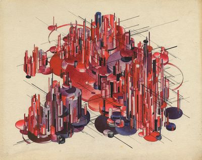 Iakov Chernikhov (1889–1951), Composition No. 152: 'Factory/City', from the series 'Foundations of Contemporary Architecture' (1925–1929). Gouache, pencil, and India ink on paper.