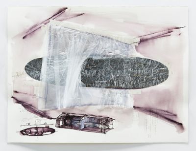 Lee Bul, Study for 'Willing To Be Vulnerable' (2016). India ink, pencil, acrylic paint, clear film, metalized film, clear tape on paper. 46 x 61 cm; 60.6 x 75.6 cm including frame.