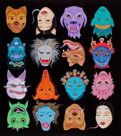 Kate Beynon, Masks of the Ogre Dancers (2014–2015). Synthetic polymer paint on linen. 185 x 165 cm. TarraWarra Museum of Art collection. Acquired 2015.