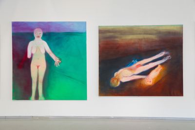 Left to right: Miriam Cahn, gezeichnet 26. + 28.08. + 15.09. (2015) 190 x 180 cm; im weg liegen (2013). oil on canvas 170 x 200 cm. Exhibition view: Claudia Martínez Garay and Miriam Cahn, Ten Thousand Things, Sifang Art Museum, Nanjing (8 November 2020–23 May 2021).