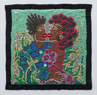 Tina Girouard, Orion and Koko (c. 1990s). Sequins and beads on fabric. 52,07 x 52.07 cm.