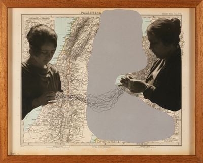 Hazem Harb, Map of land, Series #04 (2019). Pencil on collage on original Palestinian map pre-1948. 50 x 70 cm.