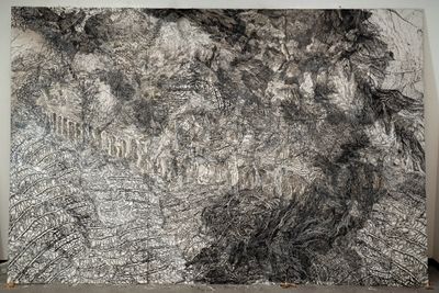 Simrin Mehra-Agarwal, Subterraneous-I (2020–2021). Graphite, charcoal, ink, primer, plaster, gypsum powder, stucco, acrylic, gesso, glue, sand, fibreglass, and paper on wooden panel.