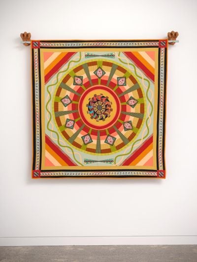 Jess Johnson and Cynthia Johnson, Alwasy (2020). Digital print on cotton with pieced fabric border, assorted textiles, thread. 145 x 140 cm.