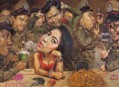 Lampu Kansanoh, The Beautiful Criminal (2020). Oil on linen. 170 x 230 cm.