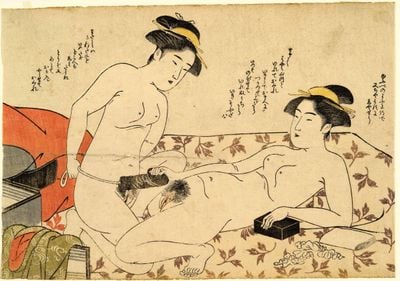 Women Using a Dildo (c. early 1800s). Colour woodblock print.