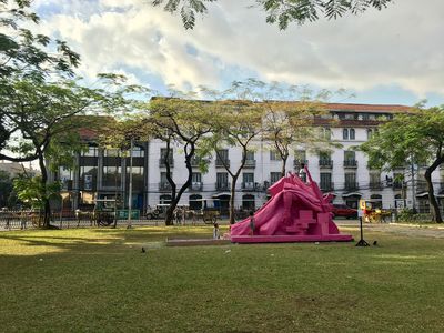 Aigars Bikse, Red Slide (2012). Exhibition view: Manila Biennale: Open City, Intramuros, Manila (2 February–5 March 2018). Photo: Stephanie Bailey.