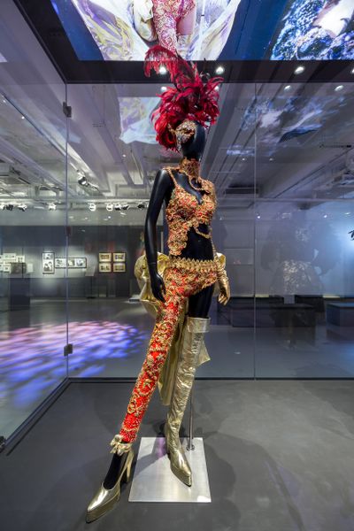 Costume for Denise Ho's HOCC Live in Unity 2006 concert, designed by Eddie Lau (2006).  Donated by Eddie Lau to Hong Kong Heritage Museum Collection, Leisure and Cultural Services Department. Exhibition view: Ambiguously Yours: Gender in Hong Kong Popular Culture, M+ Pavilion, Hong Kong (17 March–21 May 2017).
