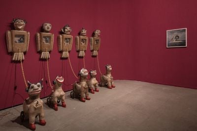 Heri Dono, Born and Freedom (2004); Yee I-Lann, The Ch’i_lin Of Calauit (2005) (left to right). Exhibition view: An Opera for Animals, Rockbund Art Museum, Shanghai (22 June–25 August 2019). Courtesy Rockbund Art Museum.