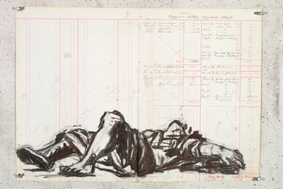 William Kentridge, Dead Remus (2014–2016). Charcoal on found ledger pages. 47 x 66.5 cm. Courtesy © the artist.