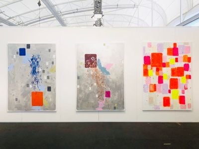 John Reynolds, Centennial Park (The Silver Paintings) #3 (2019); Centennial Park (The Silver Paintings) #4 (2019); HeadMap Footage #9 (2019) (left to right). Exhibition view: Starkwhite, Auckland Art Fair, The Cloud, Auckland (2–5 May 2019). Courtesy Starkwhite.