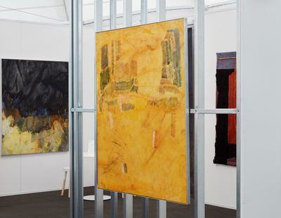 Matt Arbuckle, Welcome (2019). Acrylic and oil stick on knitted polyester, framed in aluminium. 163 x 132 cm (right); The Doing (2019). Acrylic and oil stick on knitted polyester, framed in aluminium. 163 x 132 cm (left). Exhibition view: Parlour Projects, Auckland Art Fair, The Cloud, Auckland (2–5 May 2019). Courtesy Parlour Projects.