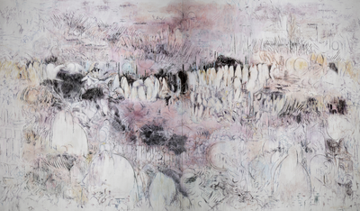 Liang Wei, The Day Before It (2017). Acrylic, water colour pencil, and ink on canvas. 200 cm x 340 cm.