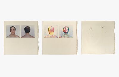 Billy Apple, Self-elimination Portrait, 27 March 1974 (1974). Offset photo-lithography on unstretched canvas, image progressively removed by applying Erasol® to zinc oxide printer’s plate, three parts. 90.5 x 91 cm each. 90.5 x 273 cm overall. Photograph by Hiro, printed by Roy Crosset, Royal College of Art, London. Courtesy Rossi & Rossi.