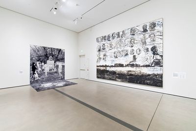 Goshka Macuga, Death of Marxism, Women of All Lands Unite (2013). Wool tapestry. 558.8 x 288.6 cm; Anselm Kiefer, Maginot (1977–1993). Acrylic, emulsion and shellac on woodcut mounted canvas. 382.27 x 499.43 cm. Left to right. Exhibition view: A Journey That Wasn't, The Broad, Los Angeles (30 June 2018–10 February 2019). © Goshka Macuga. © Anselm Kiefer.