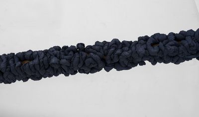 Manish Nai, Untitled (2017) (Detail). Synthetic indigo dyed burlap. 5 pieces, 180.3 x 7.6 x 7.6 cm each.