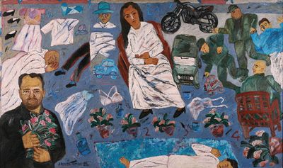Arpita Singh, What are you doing here (2000). Courtesy the artist and Kiran Nadar Museum of Art, New Delhi.