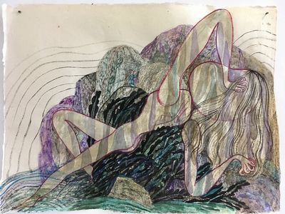 Emma Talbot, Widow on the rocks (2018). Watercolour, gouache and acrylic on khadi paper. 30 x 42 cm. © Emma Talbot.