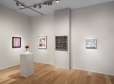Henri Matisse, Arbre de neige (1947); Yves Klein, Untitled Pink Sponge Sculpture (SE 204) (1959; Willem de Kooning, TKTK; Jean-Michel Basquiat, Extra Cigarette; Andy Warhol, One Dollar Bills (1962) (left to right). Exhibition view: Lévy Gorvy, TEFAF New York Spring (4–8 May 2018). Courtesy Lévy Gorvy, New York/London.