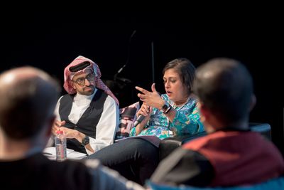 Sultan Soud Al-Qassemi and Neha Vora speaking at Global Art Forum 11, 'Trading Places', Art Dubai 2017 (21–24 March 2017).