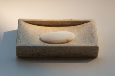 Trevor Yeung, Chicken Ribs (2018). Travertine, alabaster, hair. 8.6 x 13.2 x 2 cm. Courtesy the artist and Blindspot Gallery. 