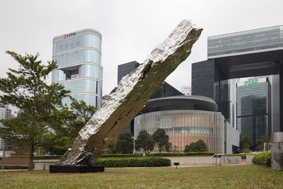 Zhan Wang, 45 Degrees of Artificial Rock (2014). Stainless steel. 582 x 127 x 60 cm (rock); 33 x 125 x 125 cm (base). Exhibition view: Harbour Arts Sculpture Park 2018, Hong Kong (22 February–11 April 2018).
