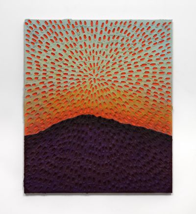 Jennifer Guidi, Worlds In Motion (Painted Light Blue Sand SF #1C, Blue-Orange Sky, Purple-Brown Mountain) (2017). Sand, acrylic and oil on linen. 104 x 88.8 cm.