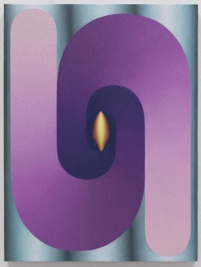 Loie Hollowell, Linked Lingam (purple, teal, yellow) (2018). Oil paint, acrylic medium, sawdust, and high density foam on linen mounted on panel. 71.1 x 52.1 x 5.1 cm.