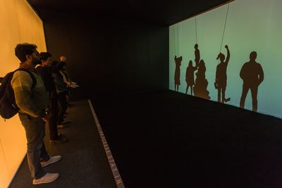 Shilpa Gupta, Shadow 3 (2007). Interactive video projection. Exhibition view: 'Art Projects' sector, India Art Fair, New Delhi (9–12 February 2018).
