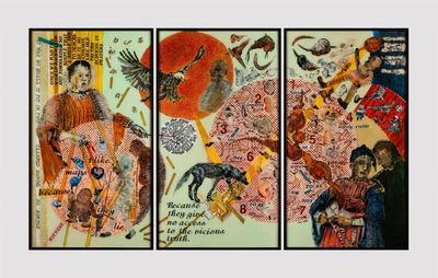 Nalini Malani, The Witness Reverse (2019). Painted triptych on acrylic. From the collection of Kasturbhai Lalbhai Museum, Ahmedabad. Courtesy Dr. Bhau Daji Lad Museum.